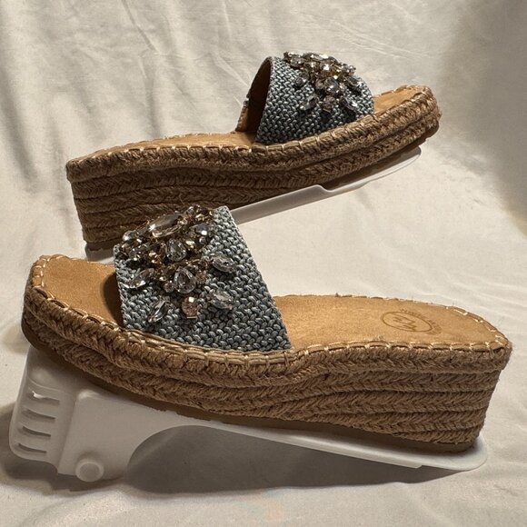 (6.5) BLUE SLIP-ON JEWELED PLATFORM WEDGE SANDAL JUTE WRAPPED ESPADRILLE BOTTOM - Picture 9 of 11
